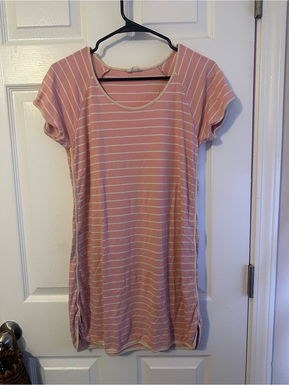 SOLD!!LAKE Striped Short Sleeve Nightdress - Pink Stripes w Tan Trim SOLD!!